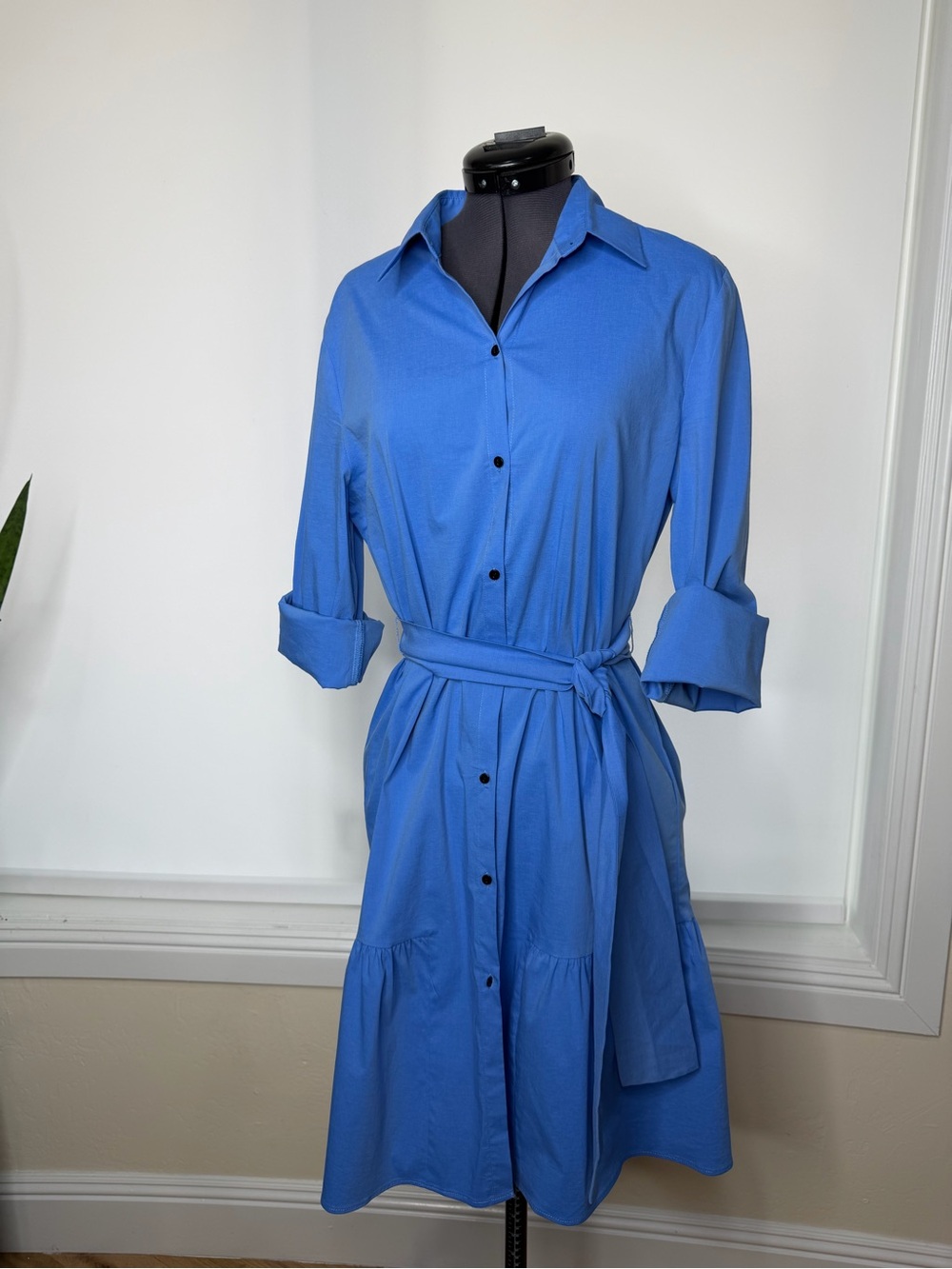 Zara Royal Blue Button-Front Midi Shirt Dress with Waist Tie